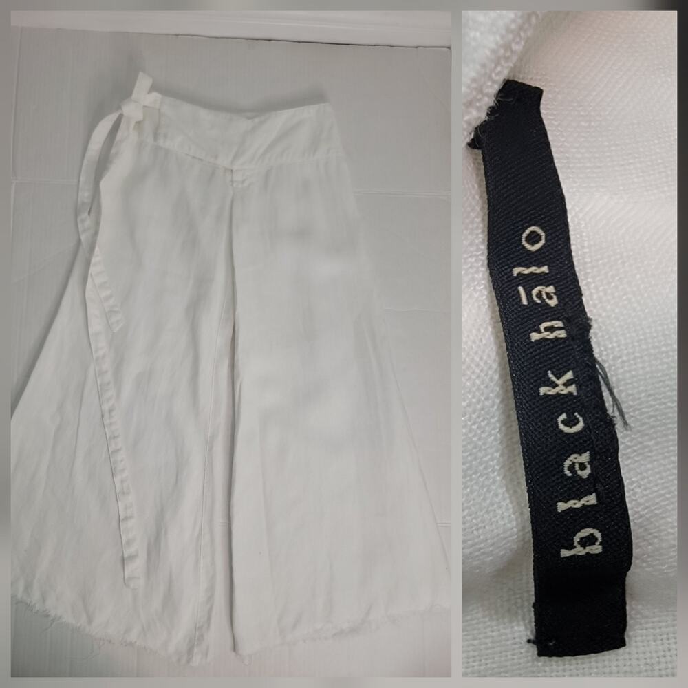 Black Halo White Linen Pants Womens SZ 8 Crop Wide Leg Wrap Around Euro Summer